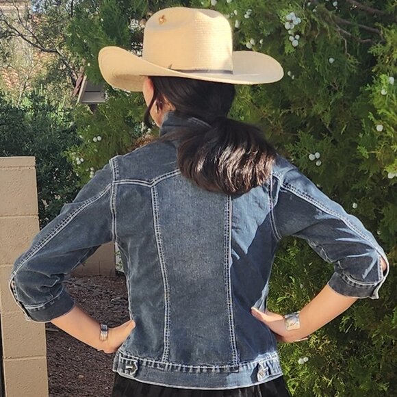 Tappitytap | Dark Indigo Stretch 3/4 Sleeve Denim Button Front Jacket | Medium - Picture 4 of 7